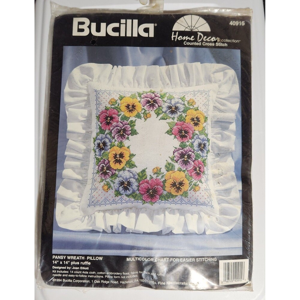 Bucilla Counted Cross Stitch Kit Pansy Wreath Pillow Home Decor NEW Sealed
